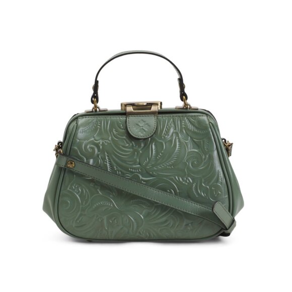 PATRICIA NASH sage Leather Gracchi Tooled Framed Satchel With Shoulder Strap